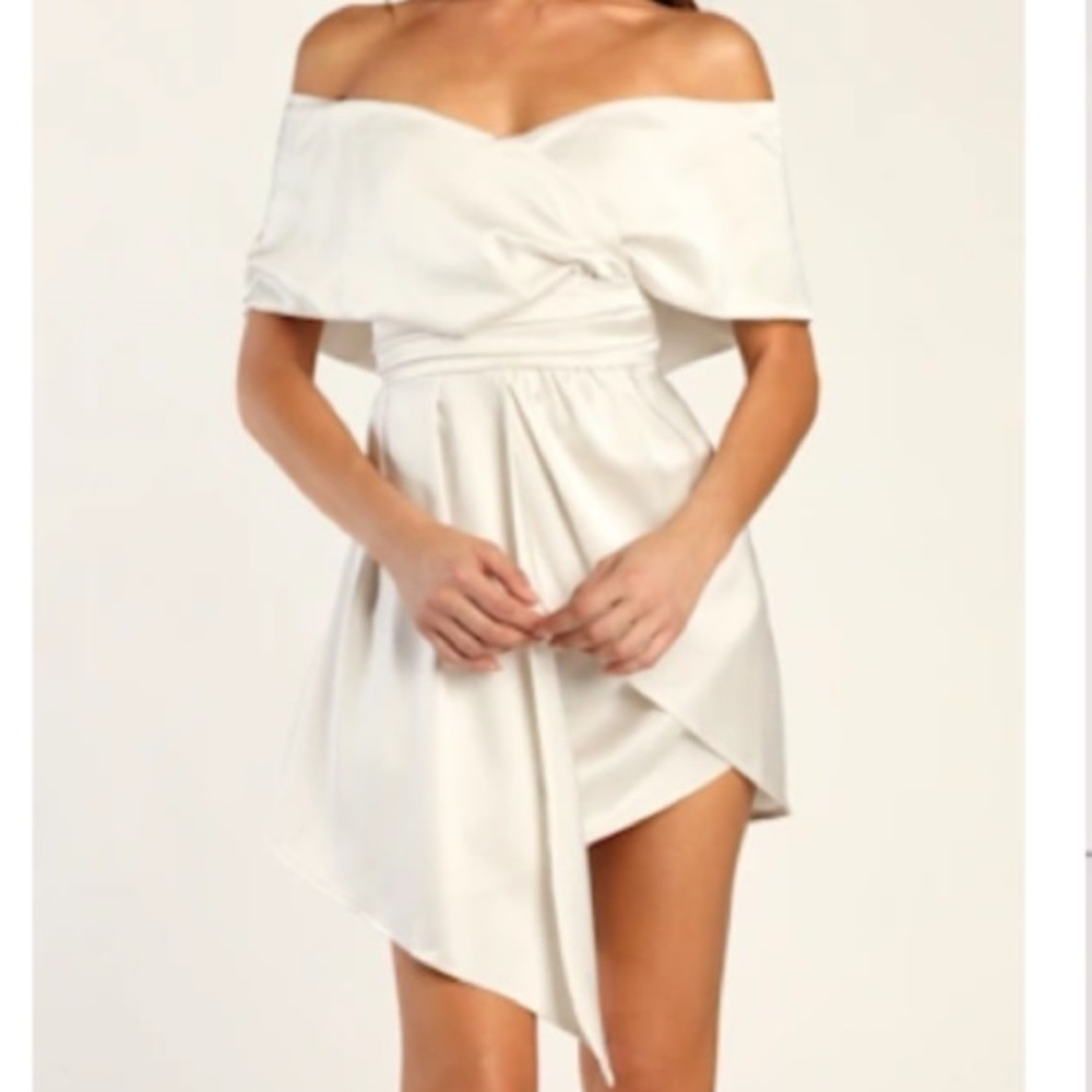 Lulu's Always Celebrating Ivory Satin Off-Shoulder Dress